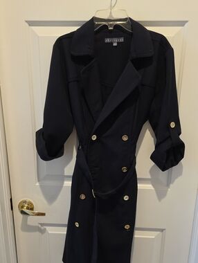 Sharagano Navy Double-Breasted Trench Coat with Gold Buttons